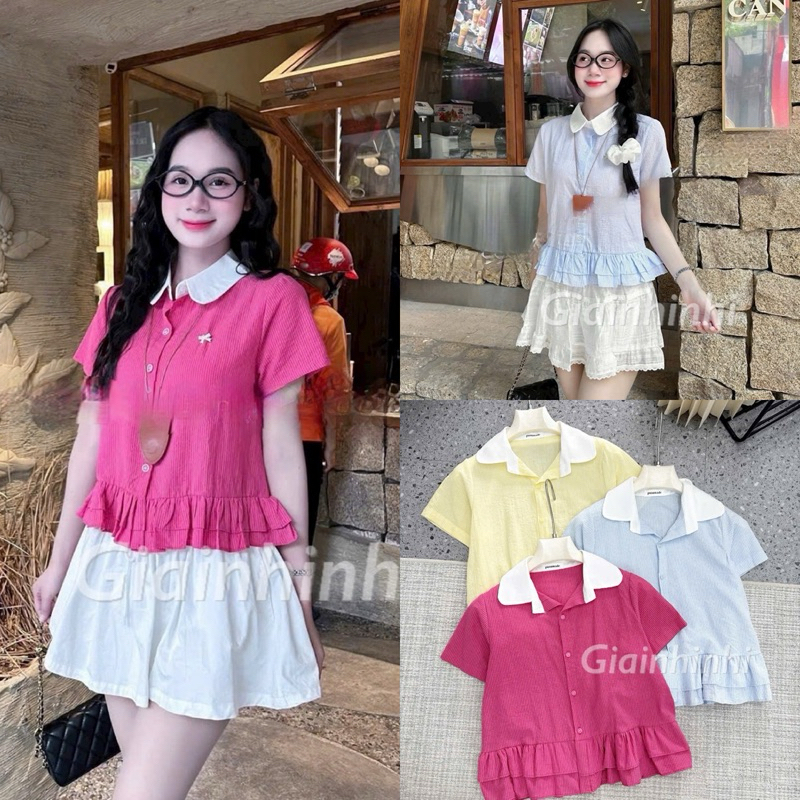 เสื้อคอปกดอกบัวจับจีบ เสื้อเชิ้ต babydoll สไตล์ผู้หญิง A39-F1TN - NhiNhi Shop
