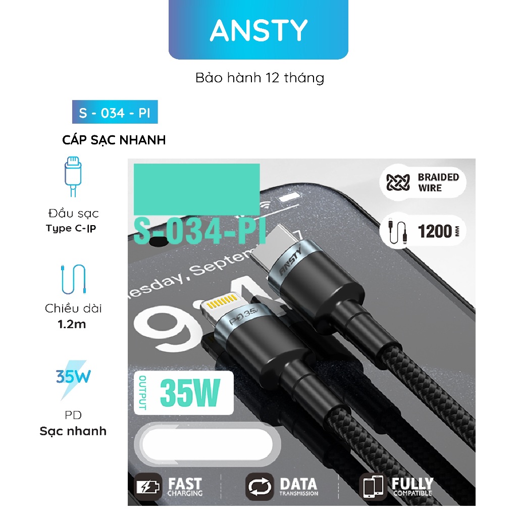 สายชาร์จเร็ว Ansty S - 034 - PI 35w/S - 034 - PT 100w/S – 034 - I 3.1a/S - 034 - Ta/S - 034 - 034 - 