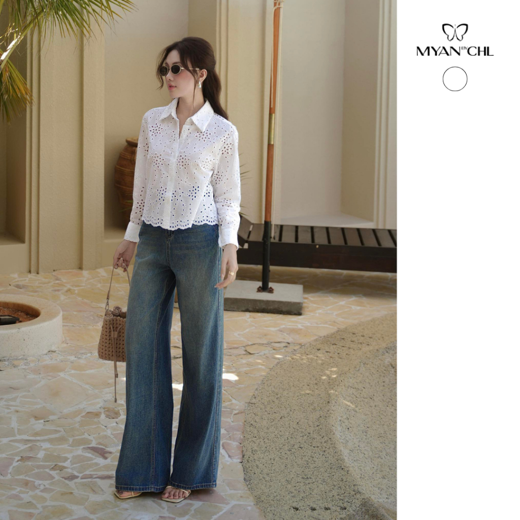 MYAN DESIGN Raw Lace เสื้อเชิ้ตสั้นคอปกเยอรมันแฟชั่นหรูหรา ASS250306