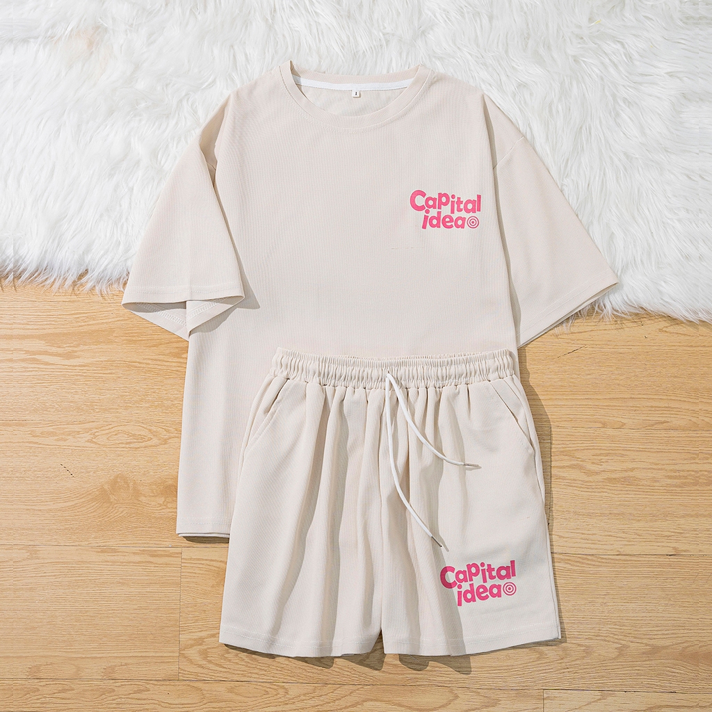 NEMO SHOP Womens Set เสื้อยืดและกางเกงขาสั้นวัสดุวาฟเฟิลสุดเท่