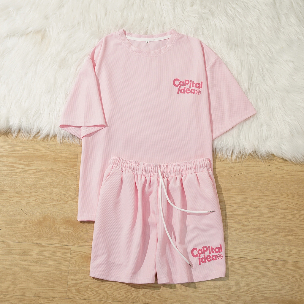 NEMO SHOP Womens Set เสื้อยืดและกางเกงขาสั้นวัสดุวาฟเฟิลสุดเท่