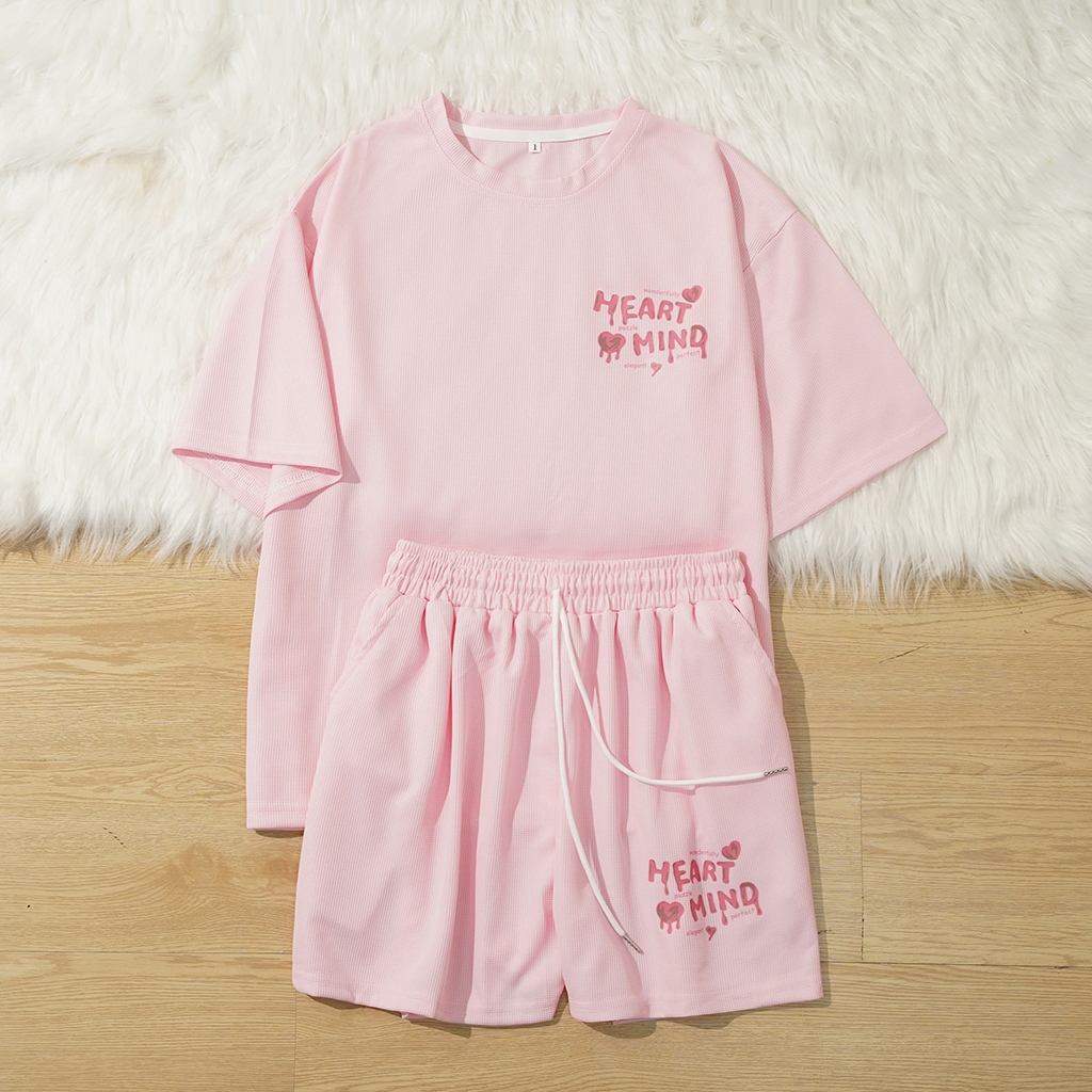 NEMO SHOP Womens Set เสื้อยืด Heartmind และกางเกงขาสั้นผลิตจากวัสดุวาฟเฟิลสุดเท่