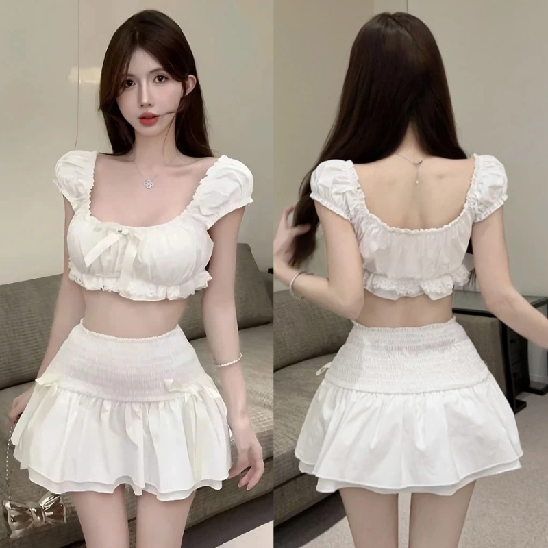 ชุดไปทะเล ชุด-ปิดไหล่โครเชต์ด้านบนด้วยโบว์และคึกกับสุดน่ารักเอวยางยืดกระโปรงบาน