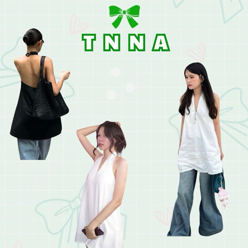 Tna_เดรสผ้าลินินคล้องคอหลังเตี้ย (ขาว,ดํา)
