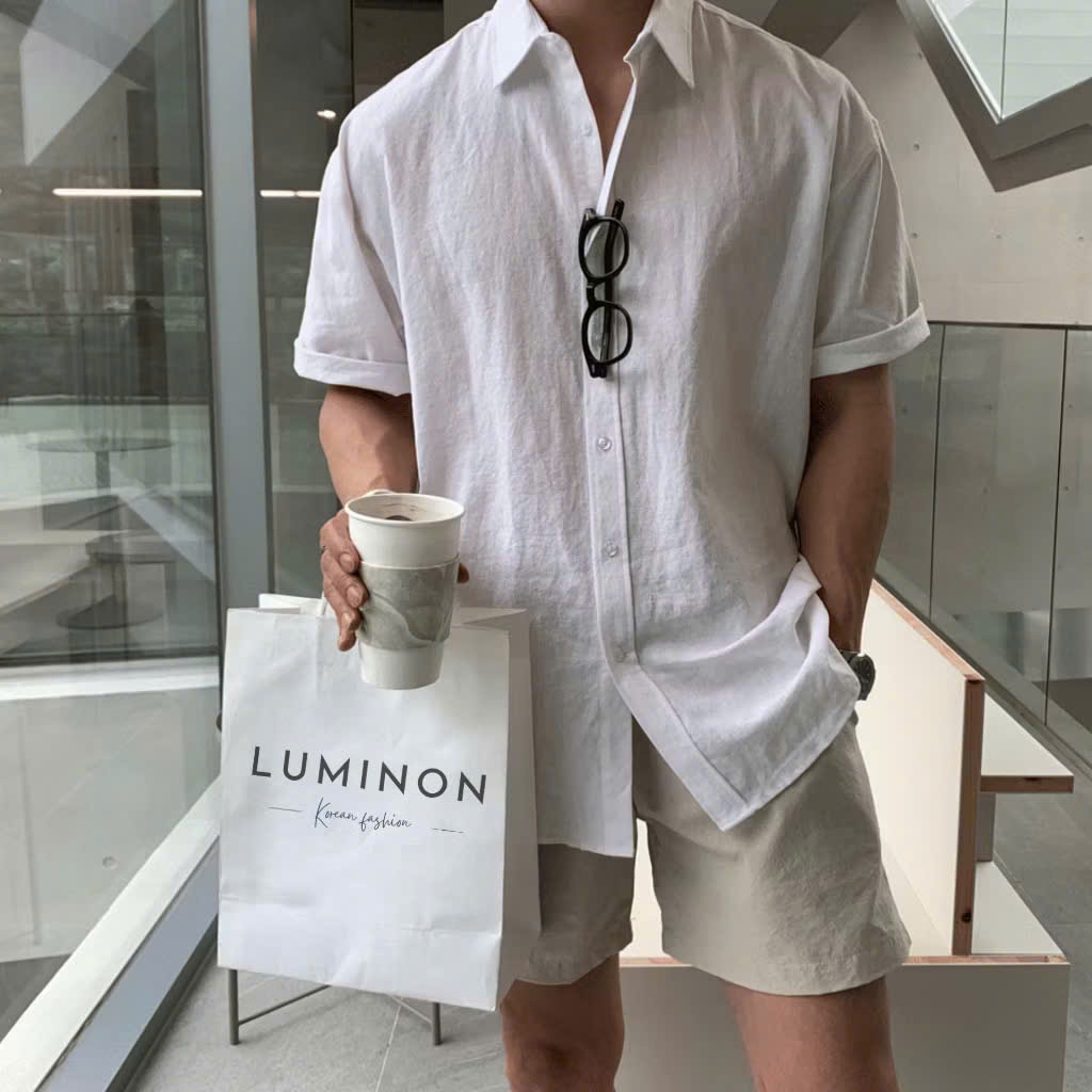 Halley J49 เสื้อเชิ้ตชายหาดผู้ชายเกาหลีแขนหลวม Turn-down Collar