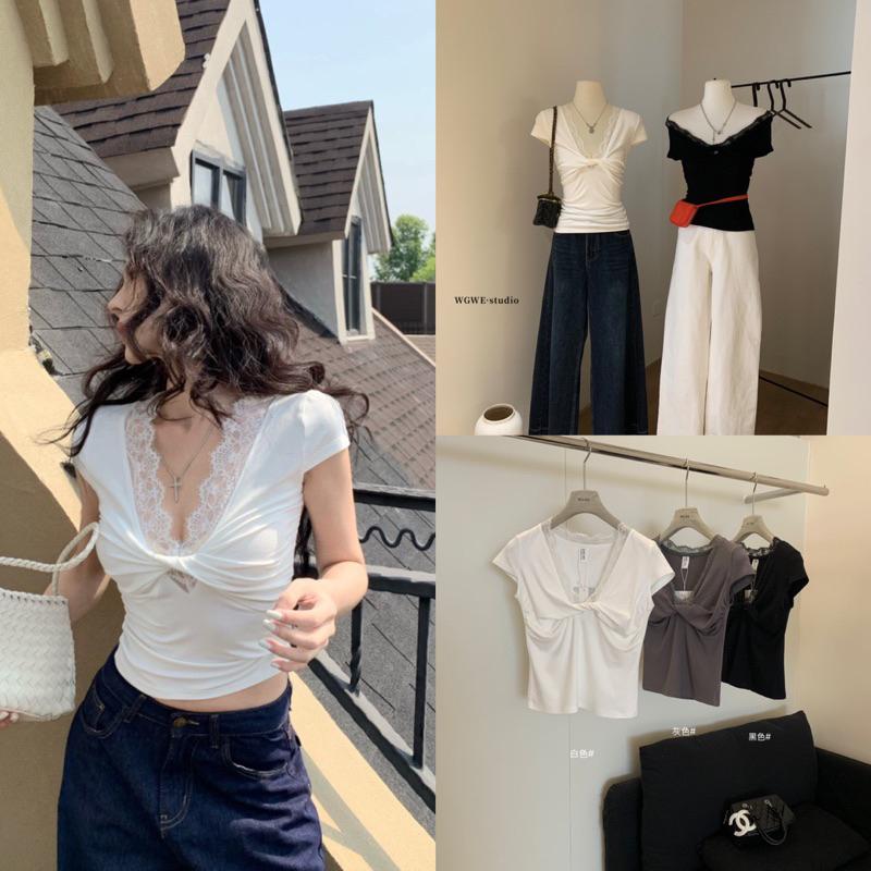 NHY.studio /WGWE/ เสื้อยืดคอวีลูกไม้ w5928