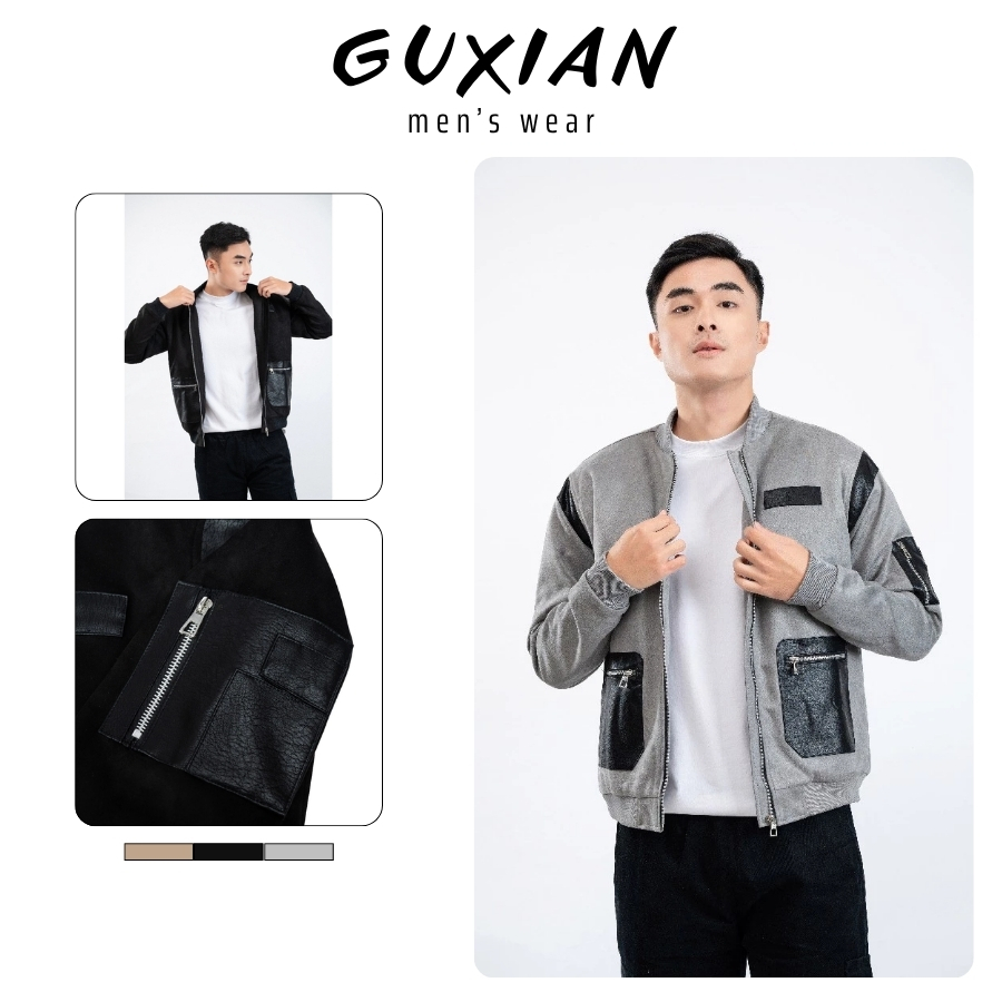 GUXIAN เสื้อแจ็คเก็ตบอมเบอร์ผู้ชายหนังกลับและหนัง PU - OAK012