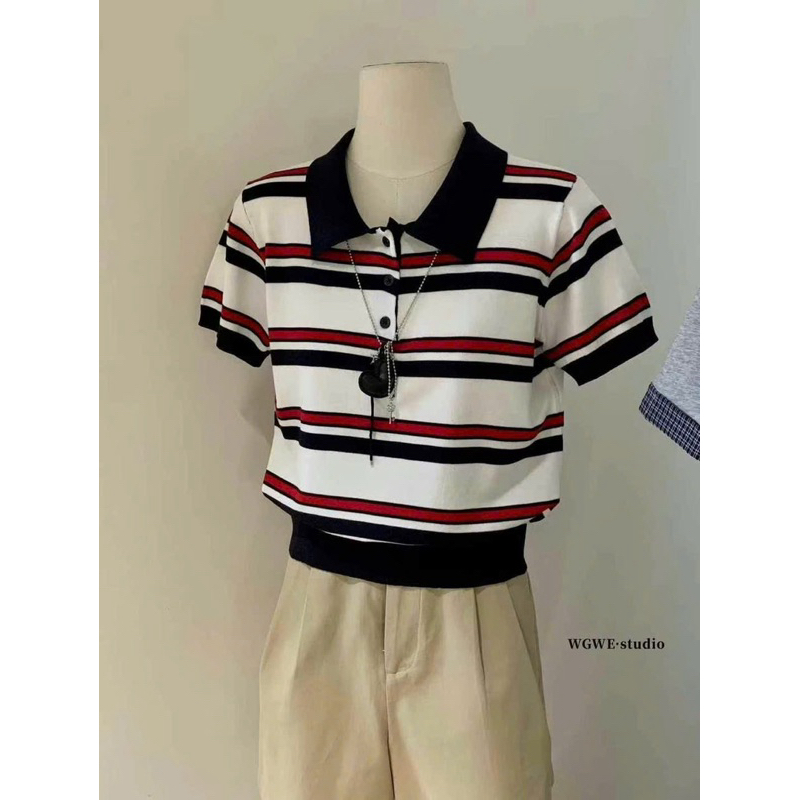 Wgwe• สเวตเตอร์ mtg คอโปโลลายทางใหญ่ 5776 wgwe สินค้า QC ฟรีไซส์