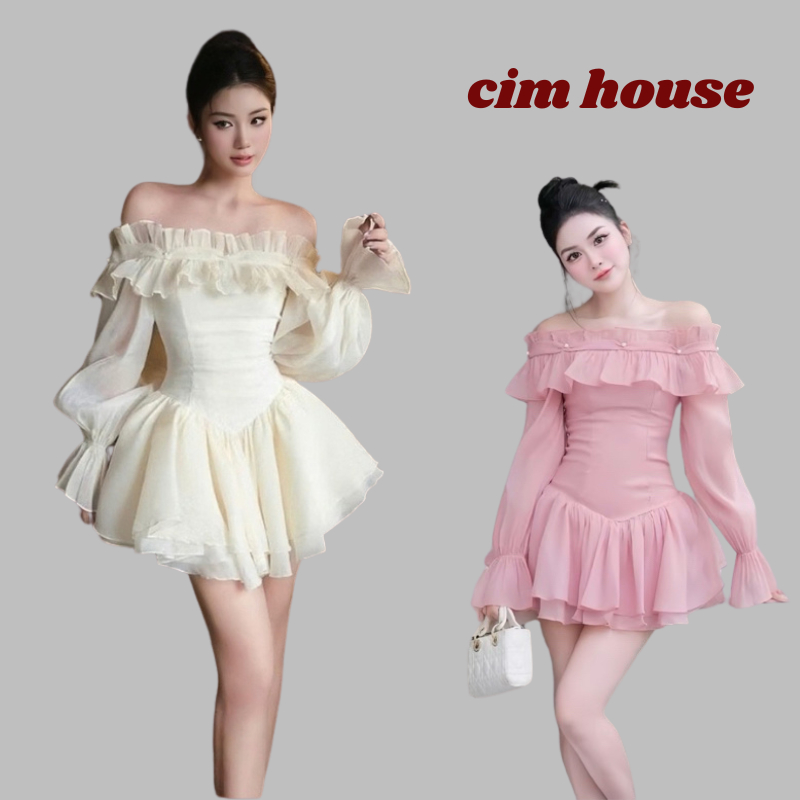 เดรสปาดไหล่ผู้หญิงลูกปัดมุก แขนยาว เดรสบานเลดี้เหมือนกับกางเกงด้านใน -MV168 CHOUSE