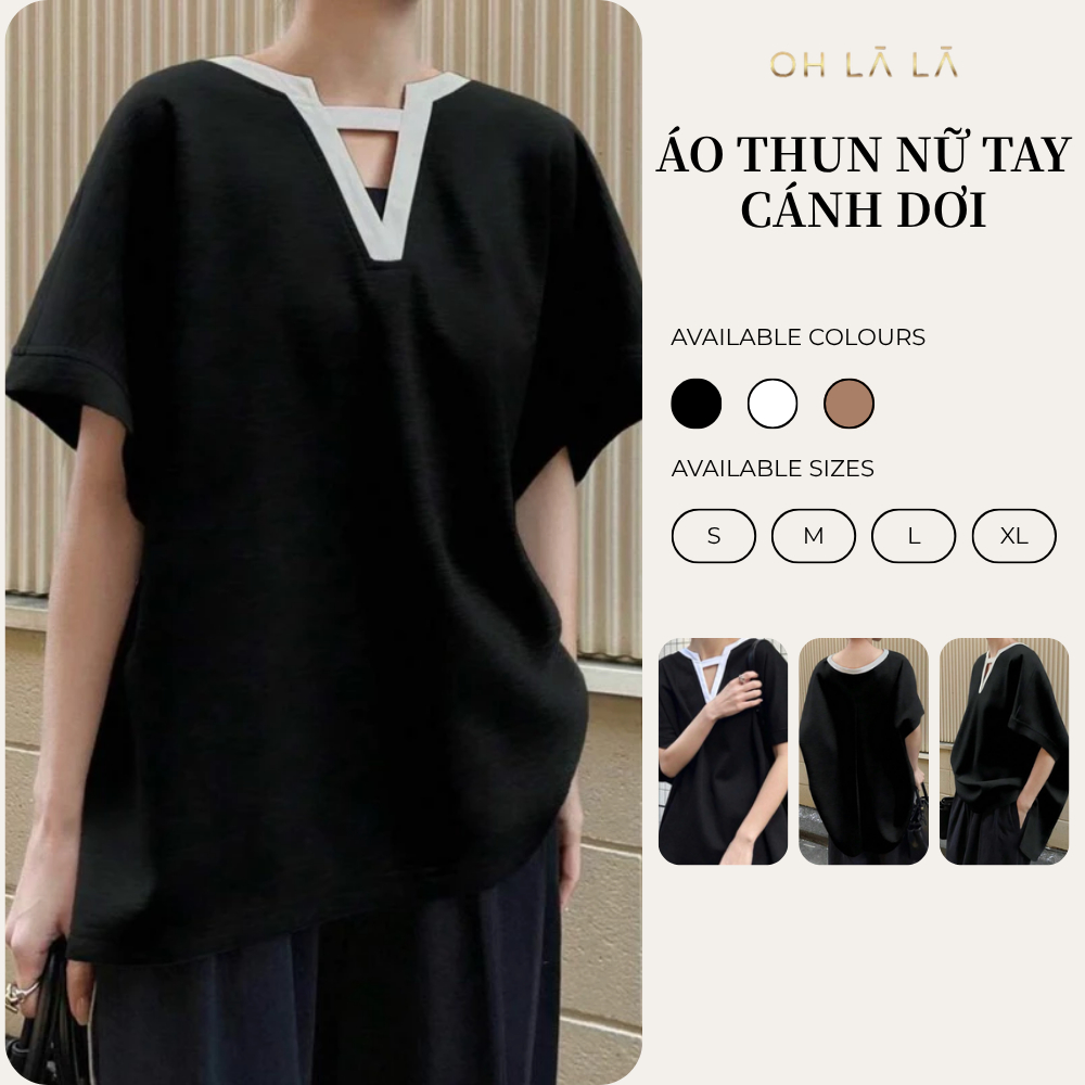 (OHLALA) Ohlala.Clothing เสื้อยืดผู้หญิงสไตล์ปีกค้างคาวหลวม, เสื้อผู้หญิงสไตล์เกาหลี, เสื้อยืดดีไซเน