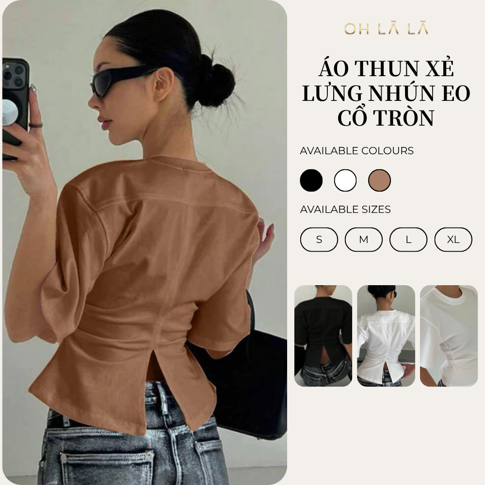 (OHLALA) สวยฟอร์มแฟชั่นเกาหลีคอกลมเสื้อยืดเอวผ่า011