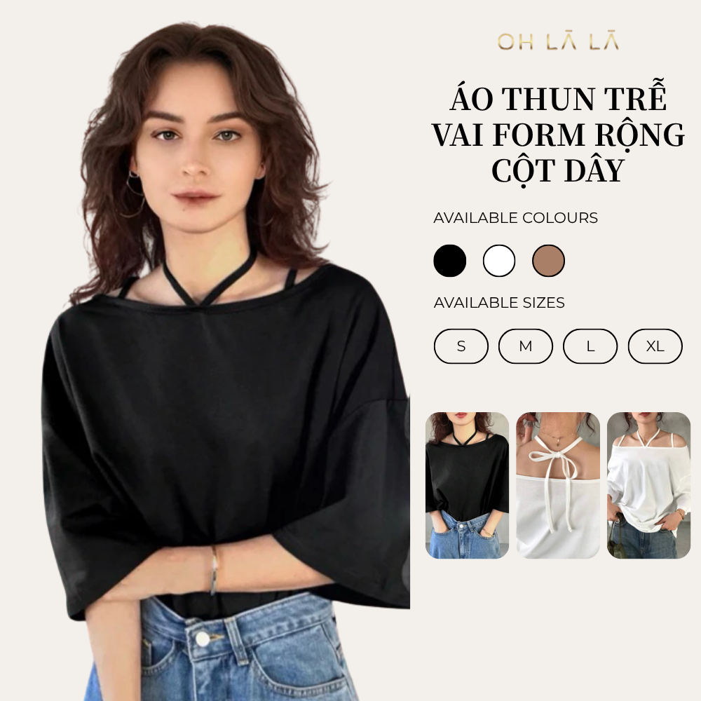 (OHLALA) เสื้อยืดเปิดไหล่แบบผูกเชือกทรงหลวมบุคลิกภาพ – ผ้าฝ้ายเรียบแท้เสื้อยืดผู้หญิงดีไซน์สไตล์เกาห