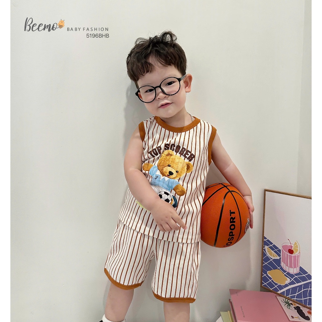 Beemo striped three-hole Set พิมพ์ลายตุ๊กตาหมีฟุตบอลในผ้าคอตตอนสุดเท่สําหรับเด็กผู้ชายตั้งแต่ 9-24kg