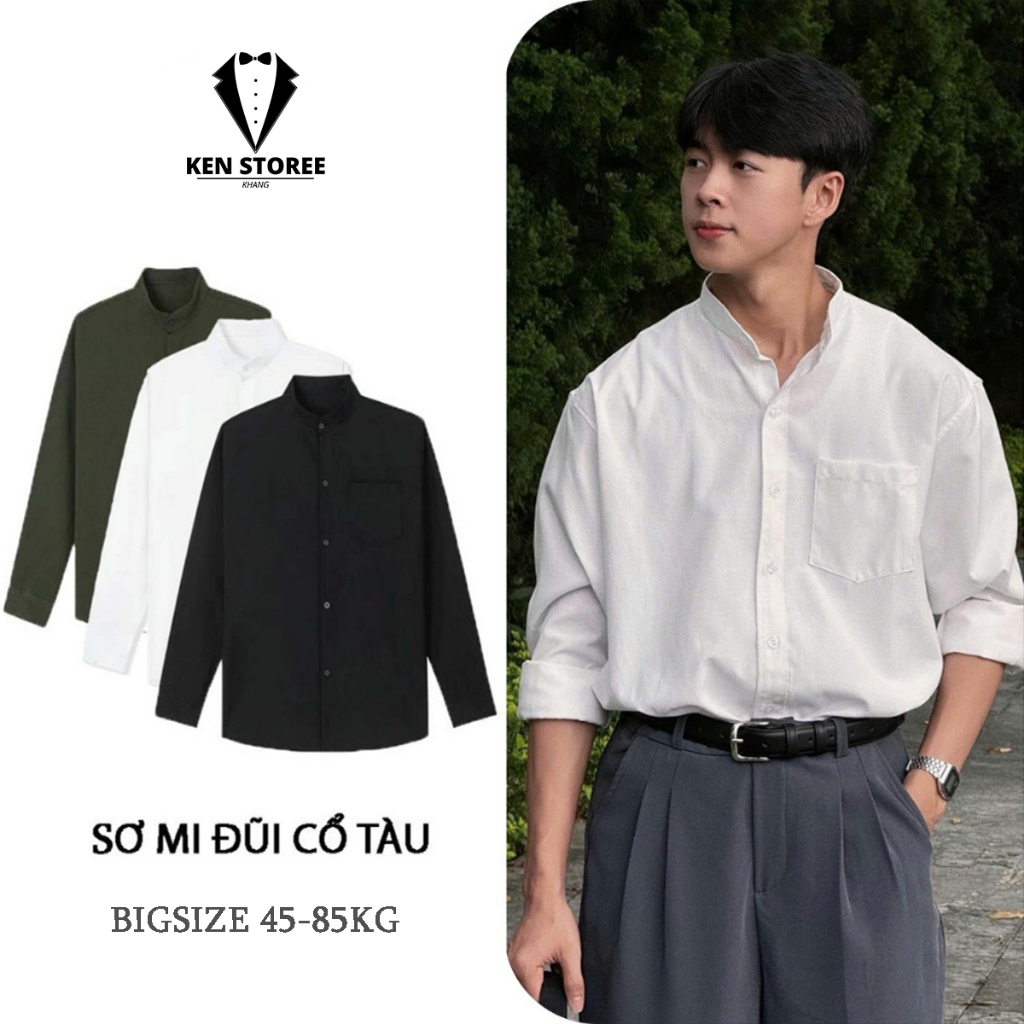 KEN STOREE เสื้อเชิ้ตผู้ชายคอจีนแขนยาวทรงตรงเกาหลีผ้านุ่มเย็น SM-DUI-COTAU