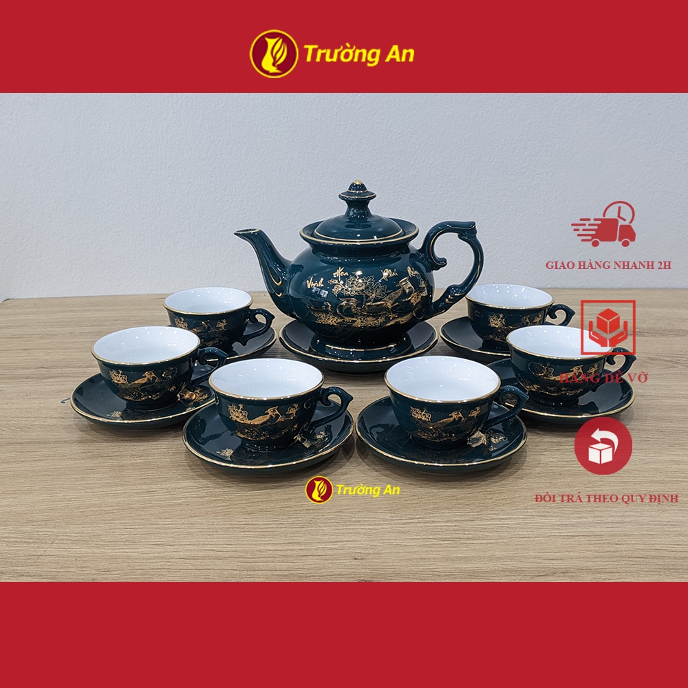 Vinh hoa ภูเขวี่ คอเป็ด ลงยาสีเขียว ชุดน้ําชาค้างคาวตรัง