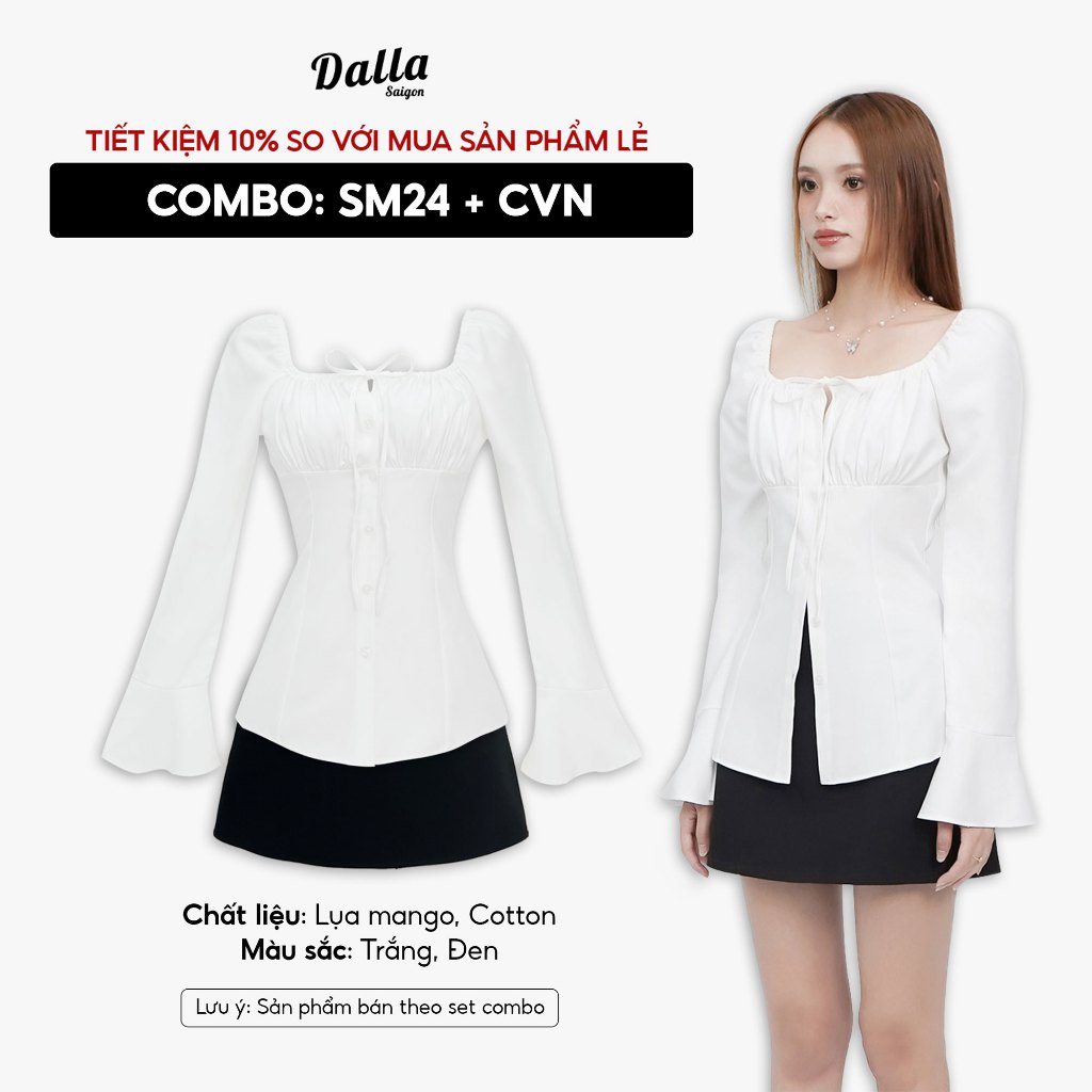 Combo เสื้อคอเหลี่ยมแขนบาน & กระโปรงทรงเอ (SM24+CVN)