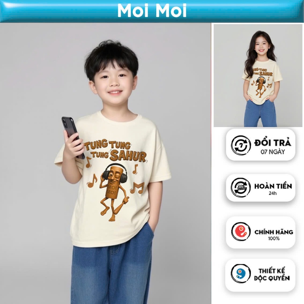 MOI MOI เสื้อยืดเด็กผ้าฝ้ายนุ่มคุณภาพสูงสําหรับเด็กชายและเด็กหญิง Tungtuned Sahur 5-12 ขวบ) - AT189
