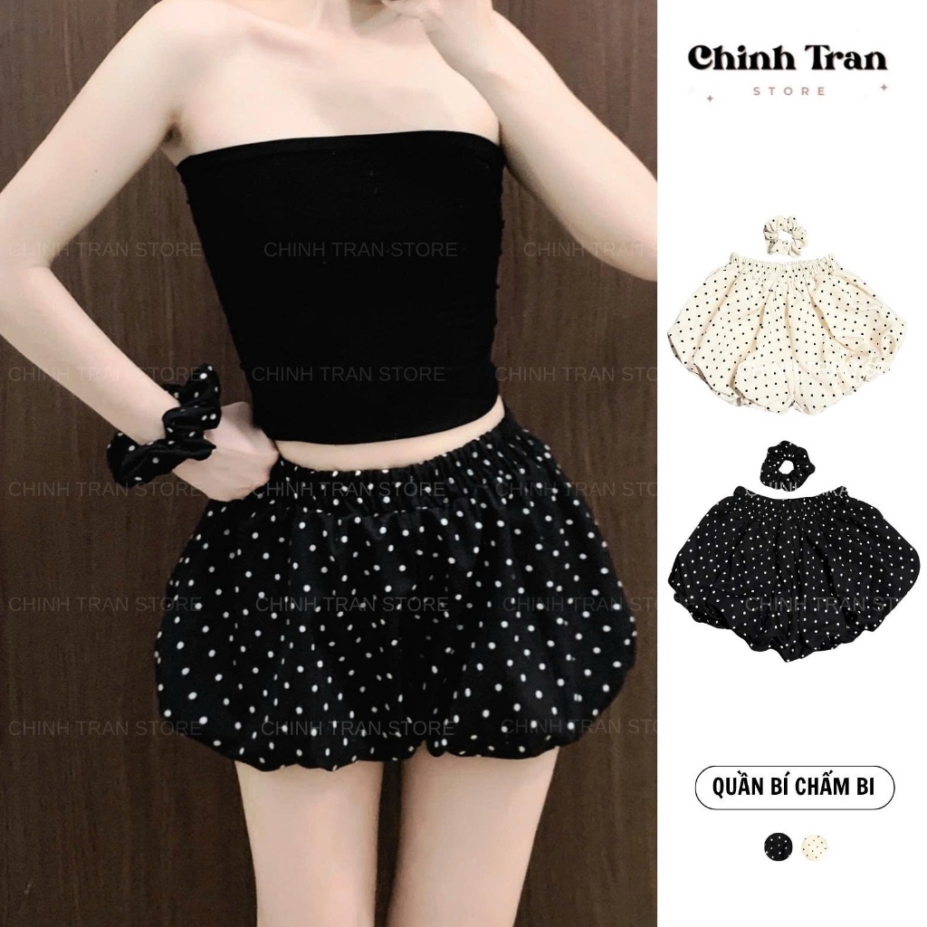 [GIVE SCRUNCHIES] กางเกงขาสั้นลายจุดเอวอ้วนน่ารักอินเทรนด์ - ร้าน Chinh Tran