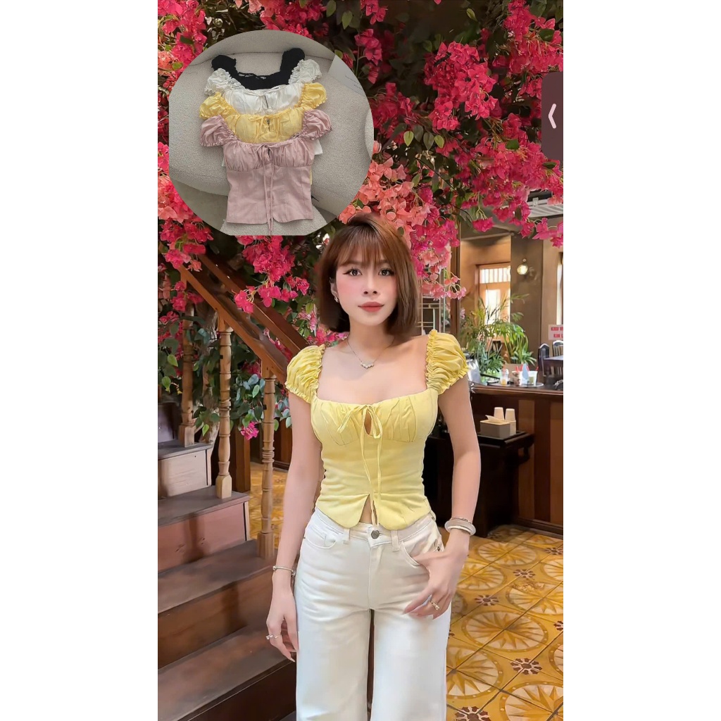 KATIE TOP - เสื้อครอปแขนเล็กลินินเปียก ยางยืดด้านหลัง ไซส์ SML