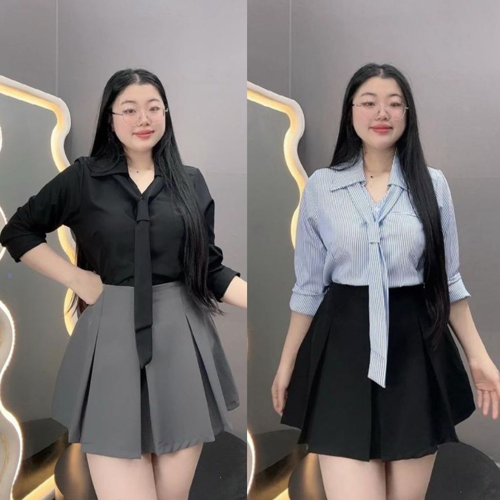 เสื้อออฟฟิศดีไซน์เกาหลีแขนยาวผู้หญิงมีสายผูกลายริ้วสวยให้แบนหุ่น (มี ขนาดใหญ่) - เอสเอ็ม168