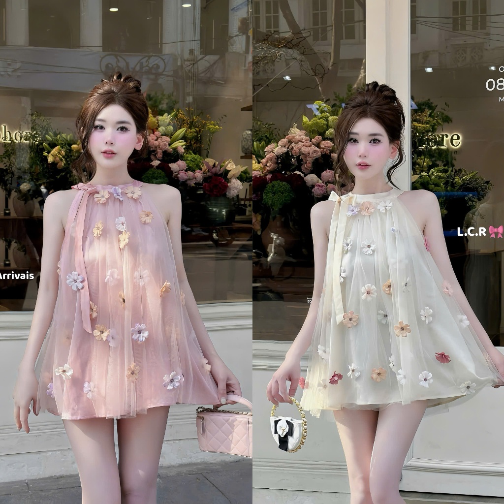 เดรสไหมพรม สุด ๆ ผู้หญิง คล้องคอ แต่งดอกไม้
