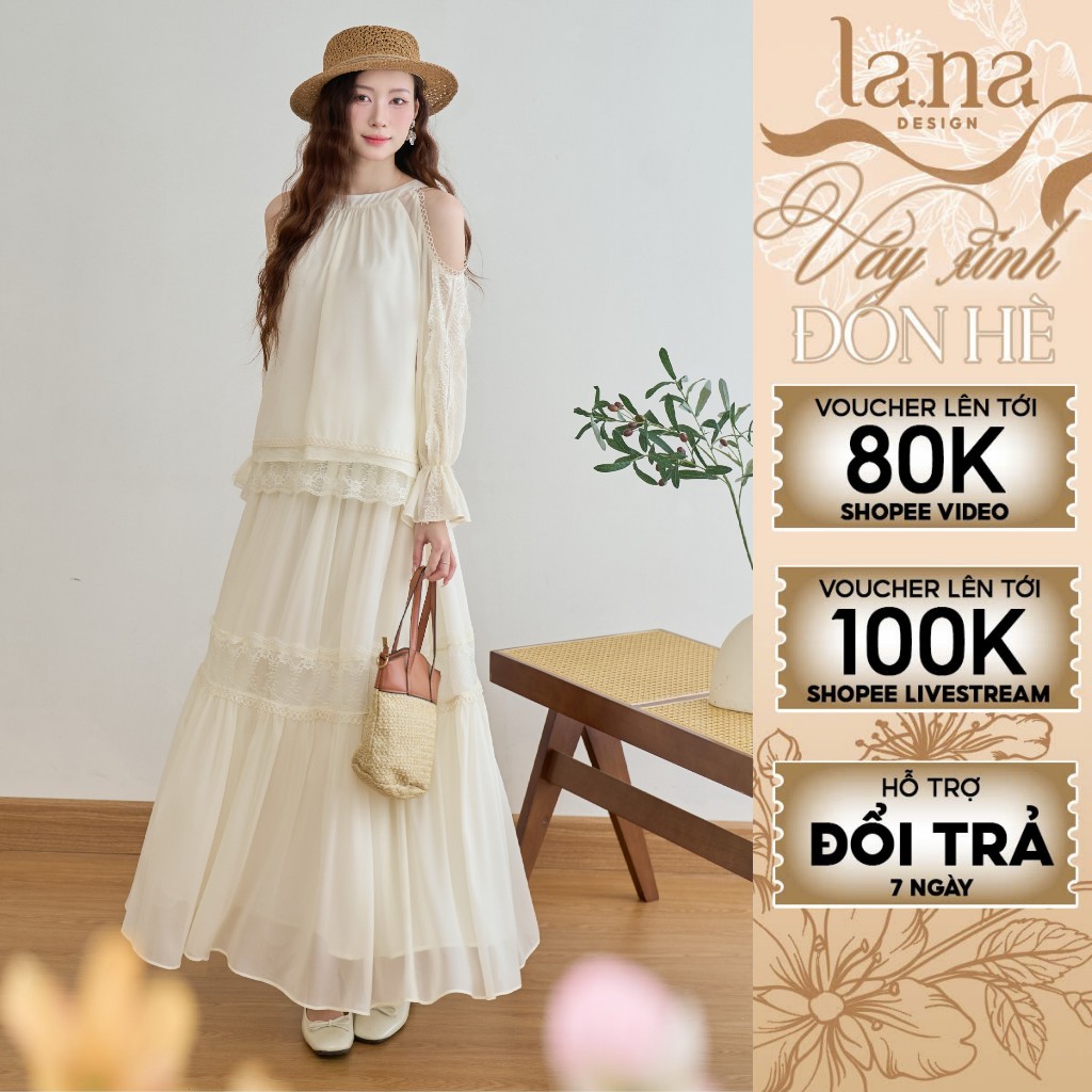 TUC PHONG dress Set ออกแบบโดย LA.NA DESIGN เนื้อผ้าไหมดอกไม้ปาดไหล่ผสมผสานกับกระโปรงบาน - SV189