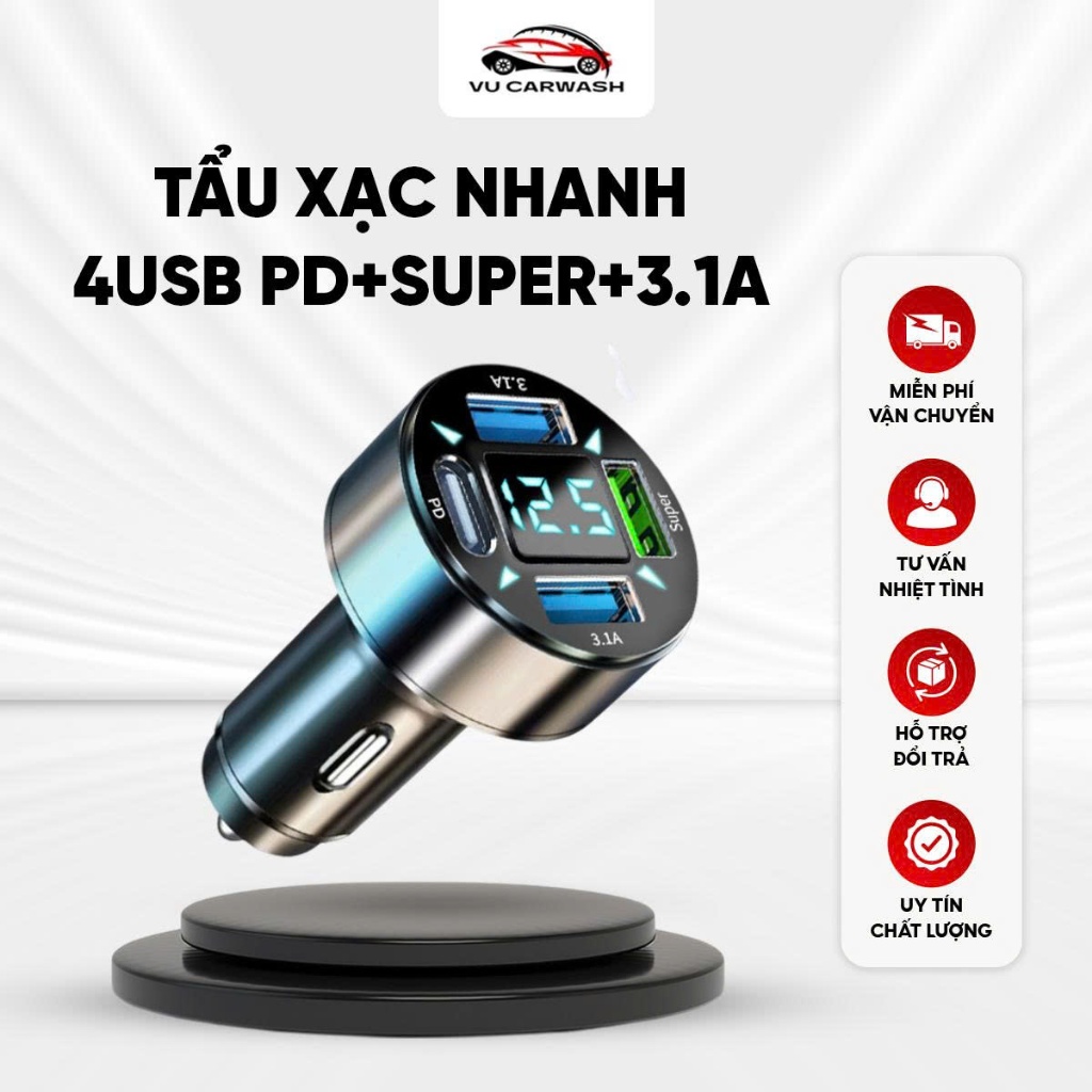 Smart 4-Port 66W PD Type-C QC3.1A Fast Charger สําหรับรถยนต์