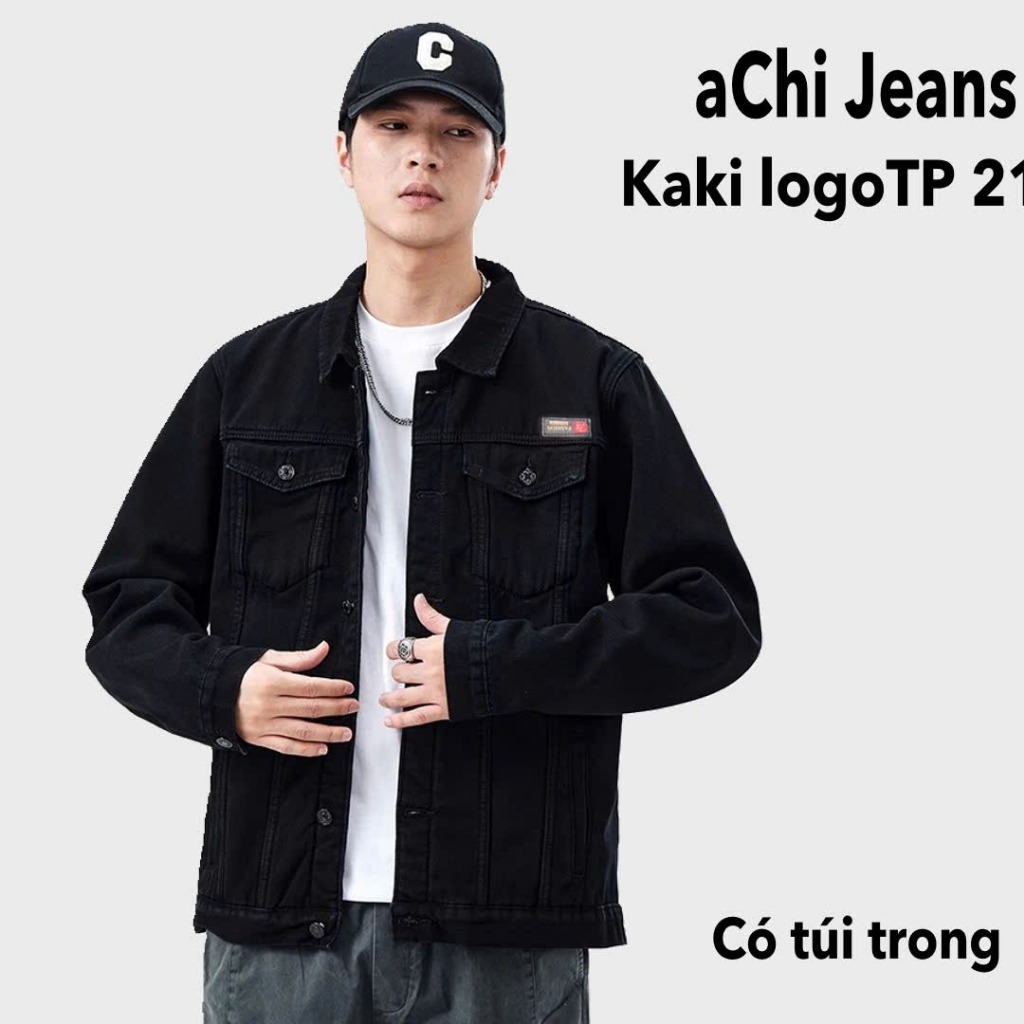 Chiwawa shop เสื้อแจ็คเก็ตสีกากีสีดําทรงหลวมคุณภาพสูงพร้อมโลโก้ Tp21