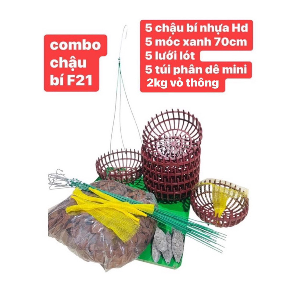 5 กระถางฟักทองพลาสติก ความละเอียดสูง ฉ21 - 5 ตะขอสีเขียว 70ซม - 5 บุตาข่าย - ปุ๋ยคอกแพะ 1 ถุง สําหรับปุ๋ยราก - เปลือกสน 2กิโลกรัม