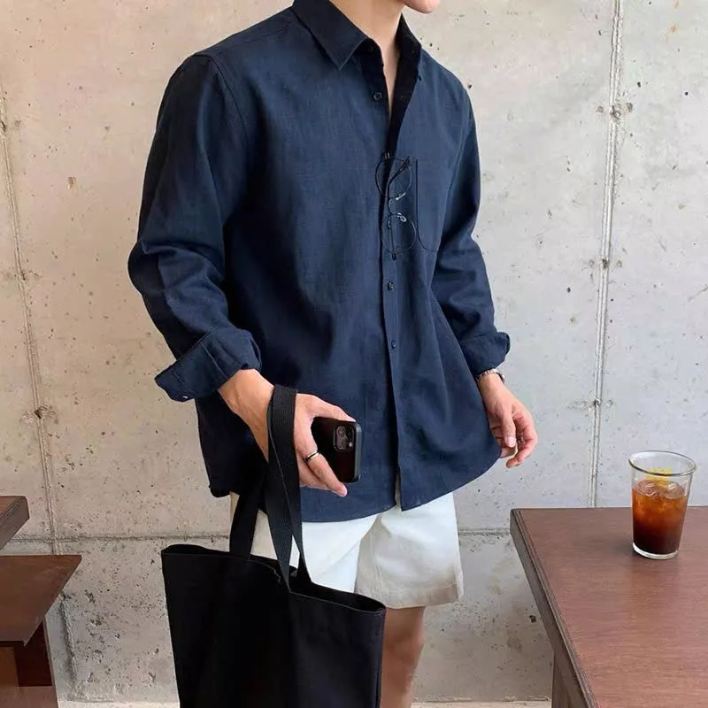 สวัสดี A28 เสื้อเชิ้ตชายหาดแขนยาวคอปกเปิดลงของผู้ชายในผ้าลินินคุณภาพสูงสวมใส่สบายการดูดซึมได้ดี