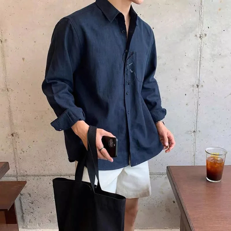 สวัสดี A28 เสื้อเชิ้ตชายหาดแขนยาวคอปกเปิดลงของผู้ชายในผ้าลินินคุณภาพสูงสวมใส่สบายการดูดซึมได้ดี