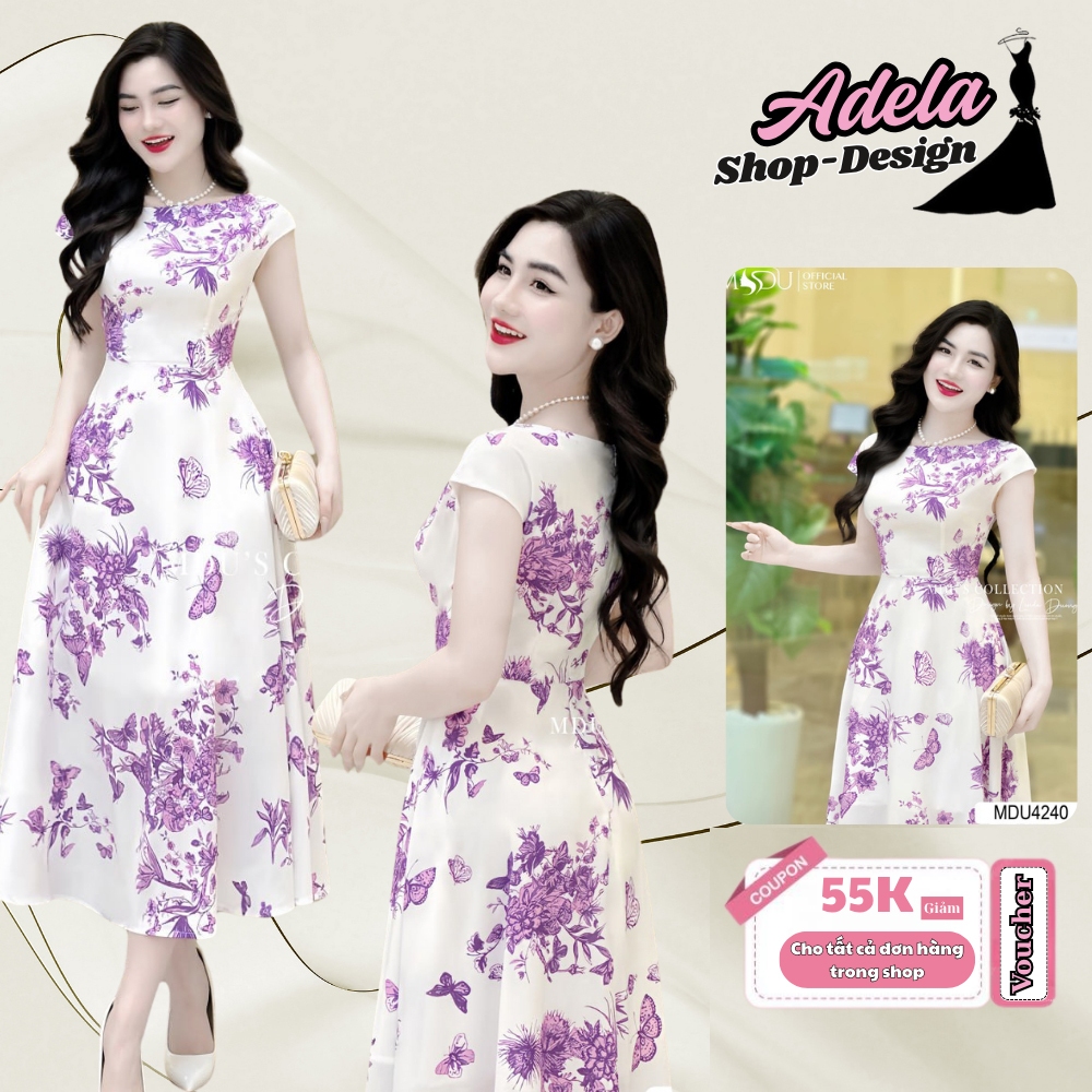 ชุดเดรสผ้าไหม K22-D3-1 MDU4240 ดีไซน์คอเรือบานหรูหราจาก MDU