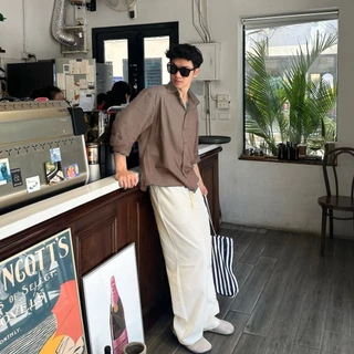 ชุดเสื้อผ้าผ้าลินินแขนยาวผู้ชายสําหรับ Cafe, Street, และ Beach รวม Ruffled Top, Halley กางเกงผ้าลินิน J48
