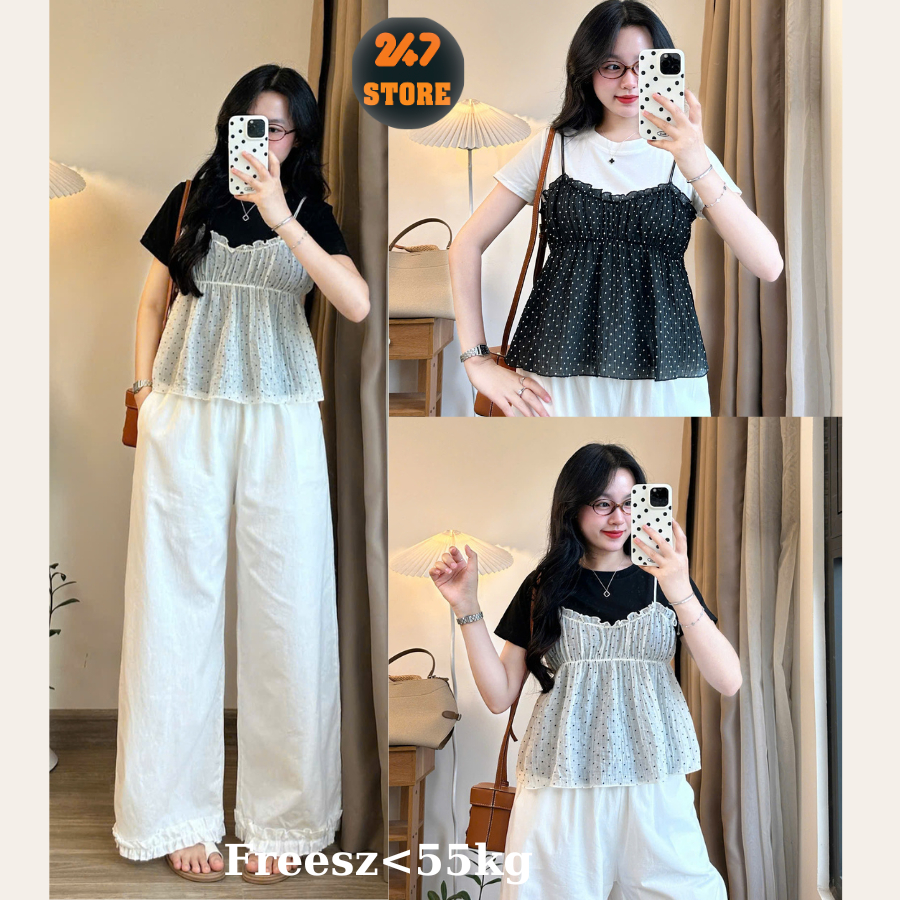 Set เสื้อยืด เสื้อยืดผ้าฝ้ายพื้นฐานพร้อมเสื้อเชิ้ตระบายลายจุด สวยและเป็นผู้หญิง 247STORE 289.290_P4K