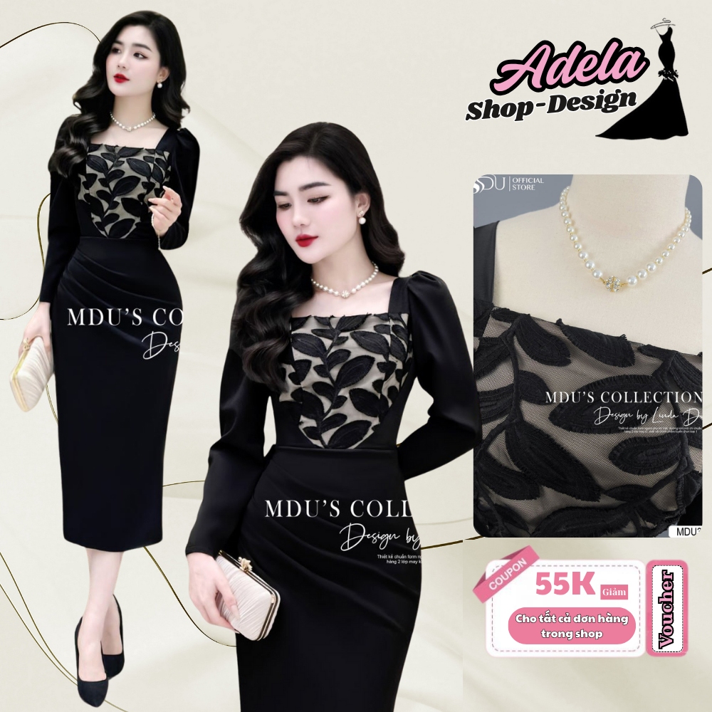 ชุดเดรสสํานักงาน K47-D1-2 MDU3798 ดีไซน์คอเหลี่ยม หมวกลูกไม้เชื่อมมะม่วงทําจาก MDU