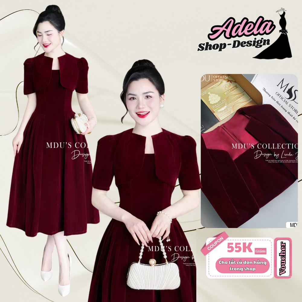 ADELA DESIGN เดรสกํามะหยี่เกาหลีทรงเข้ารูปกระโปรงบานอ่อนสุดหรูและน่าสนใจสีแดง MDU3859