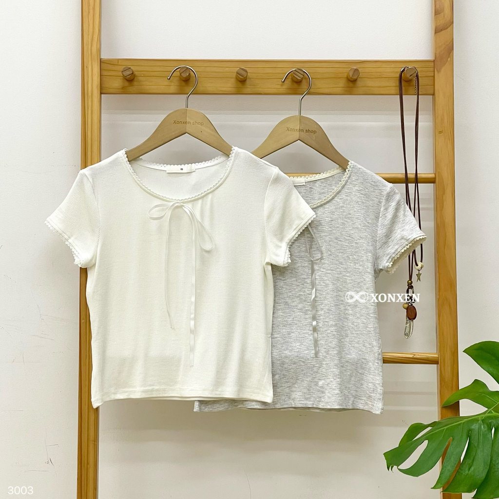 เสื้อยืดครอป N5.28 ID ธรรมดาแต่งขอบลูกไม้โบว์ 3003 xonxen 23ld