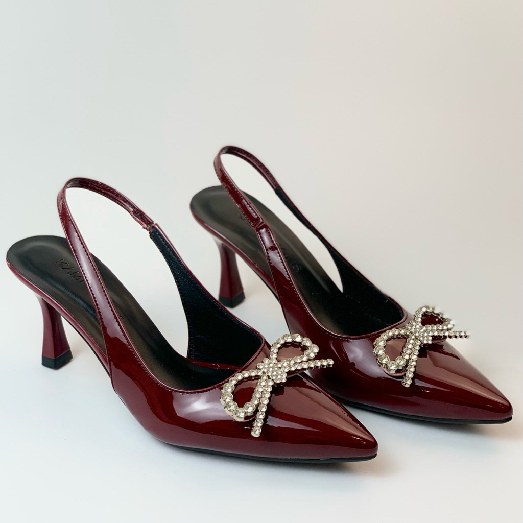 VYARA Rhinestone Bow High Heels Slingback Open Heel สีสุดหรู สไตล์ประณีต