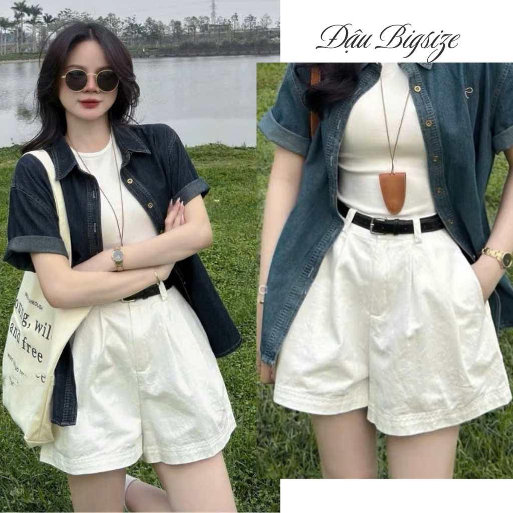 กางเกงขาสั้นผู้หญิงไซส์ใหญ่เอวยางยืดและเอวสูงสีกากีนิ่มไม่ยืดหยุ่น - ถาม561