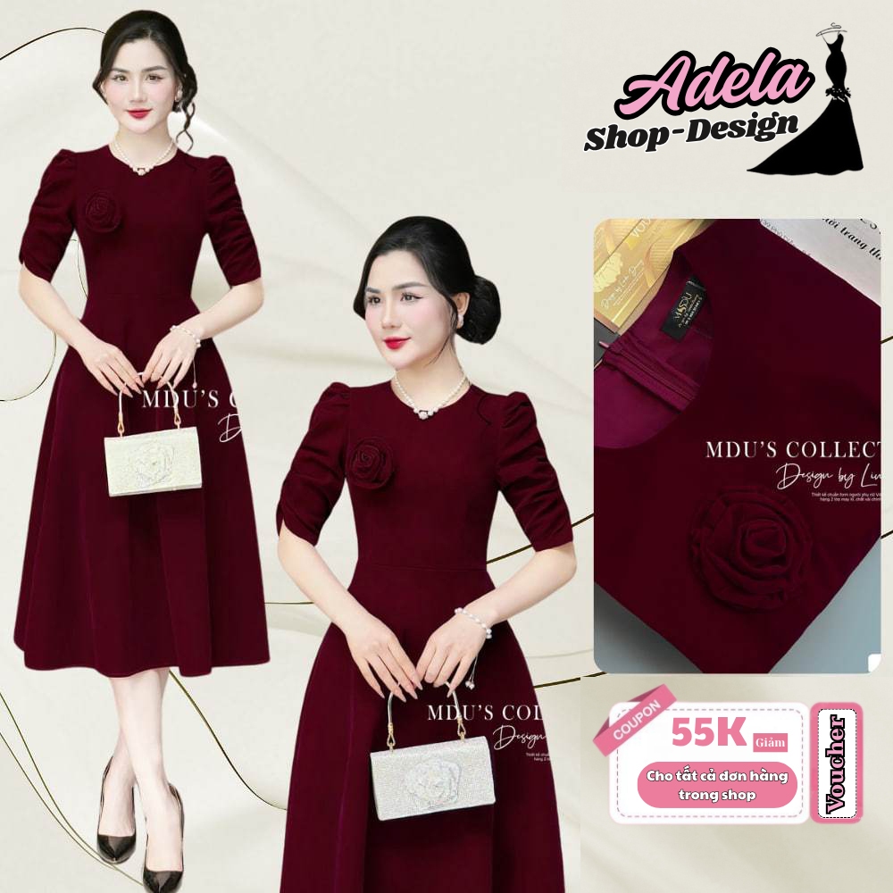 ADELA DESIGN เดรสกํามะหยี่เกาหลีลายโบว์ละเอียดอ่อนและสีแดงสะดุดตามาก MDU1526