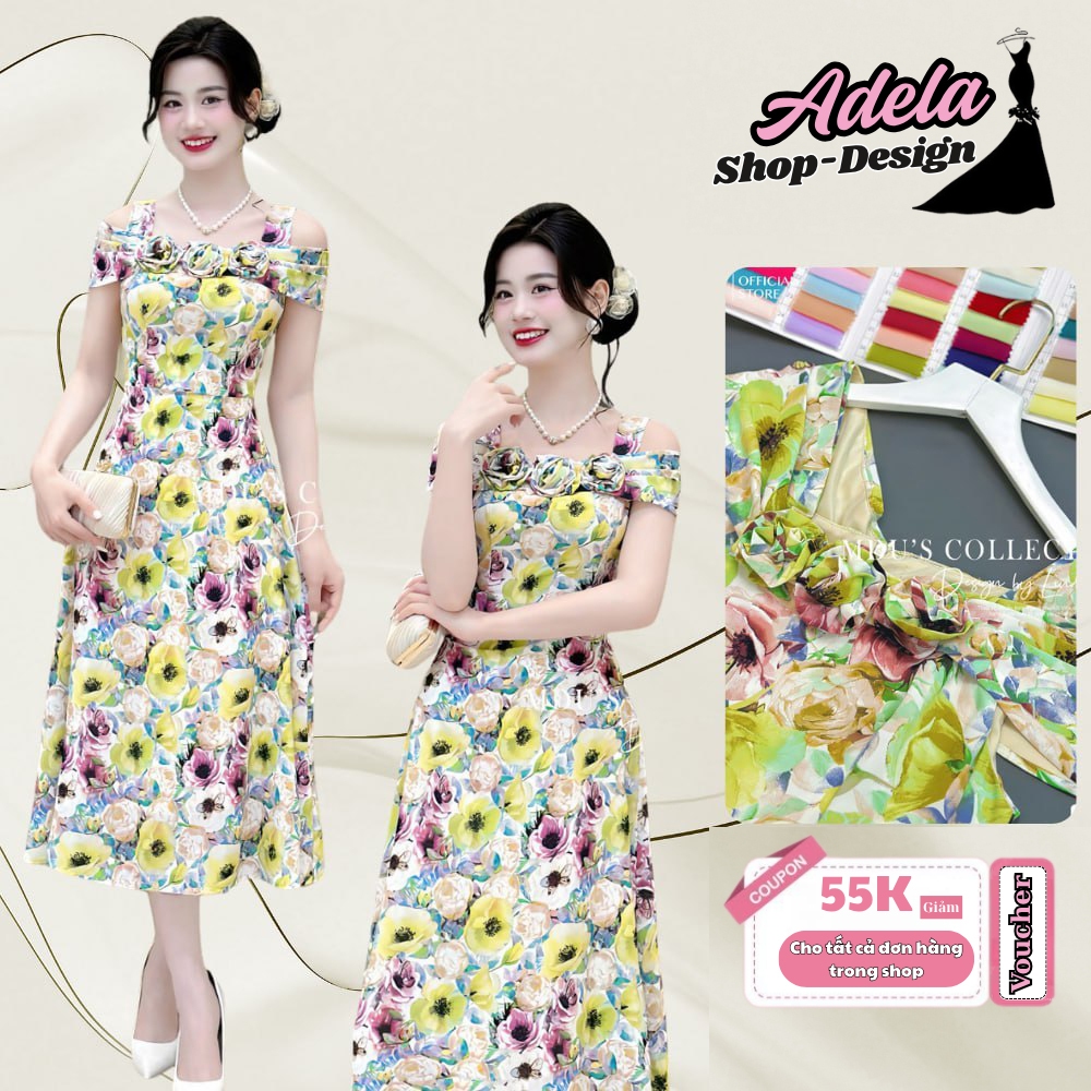 ADELA DESIGN ชุดไปทะเลทําจากผ้าไหมเชื่อมลายดอกไม้สะดุดตาบานปิดไหล่หรูหรา MDU4172