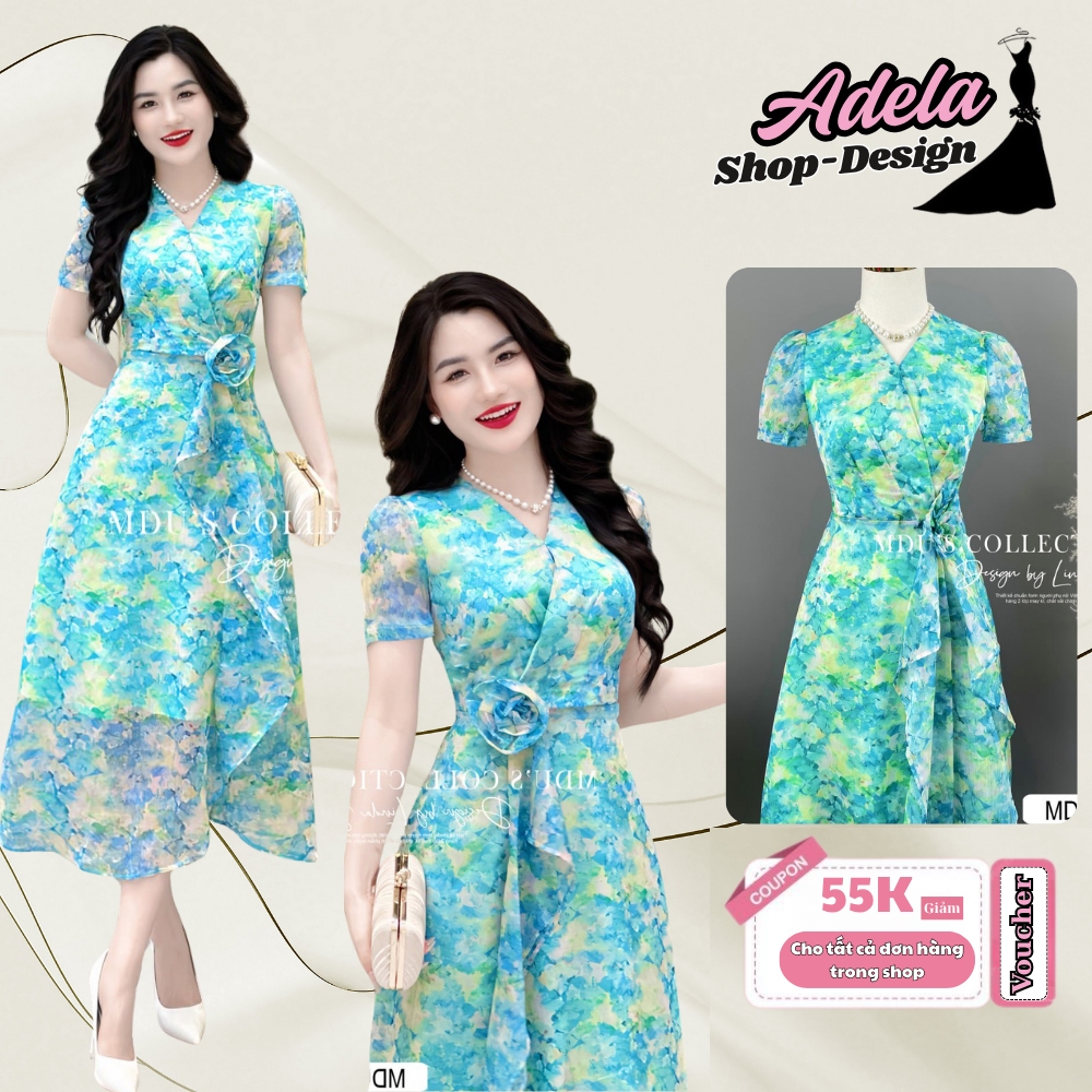 MDU4178 เดรสผ้าไหมเงาลายดอกไม้สะดุดตา ทรงบานอ่อนโยน จาก NDU