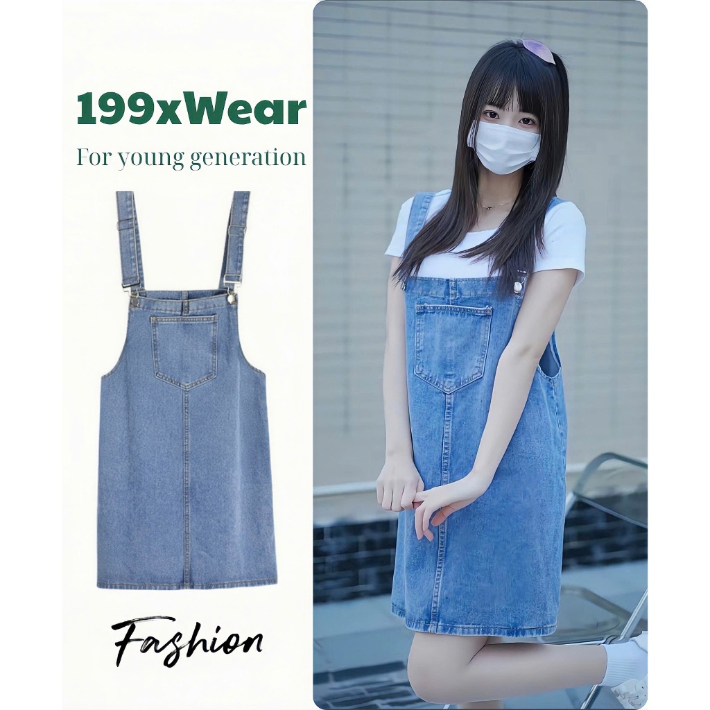 ชุดเดรสเอี๊ยมยีนส์ทรงตรงสําหรับผู้หญิงขนาด 60 - 100 กก. ชุดเดรสเอี๊ยมยีนส์อ่อนเยาว์ 199xWear