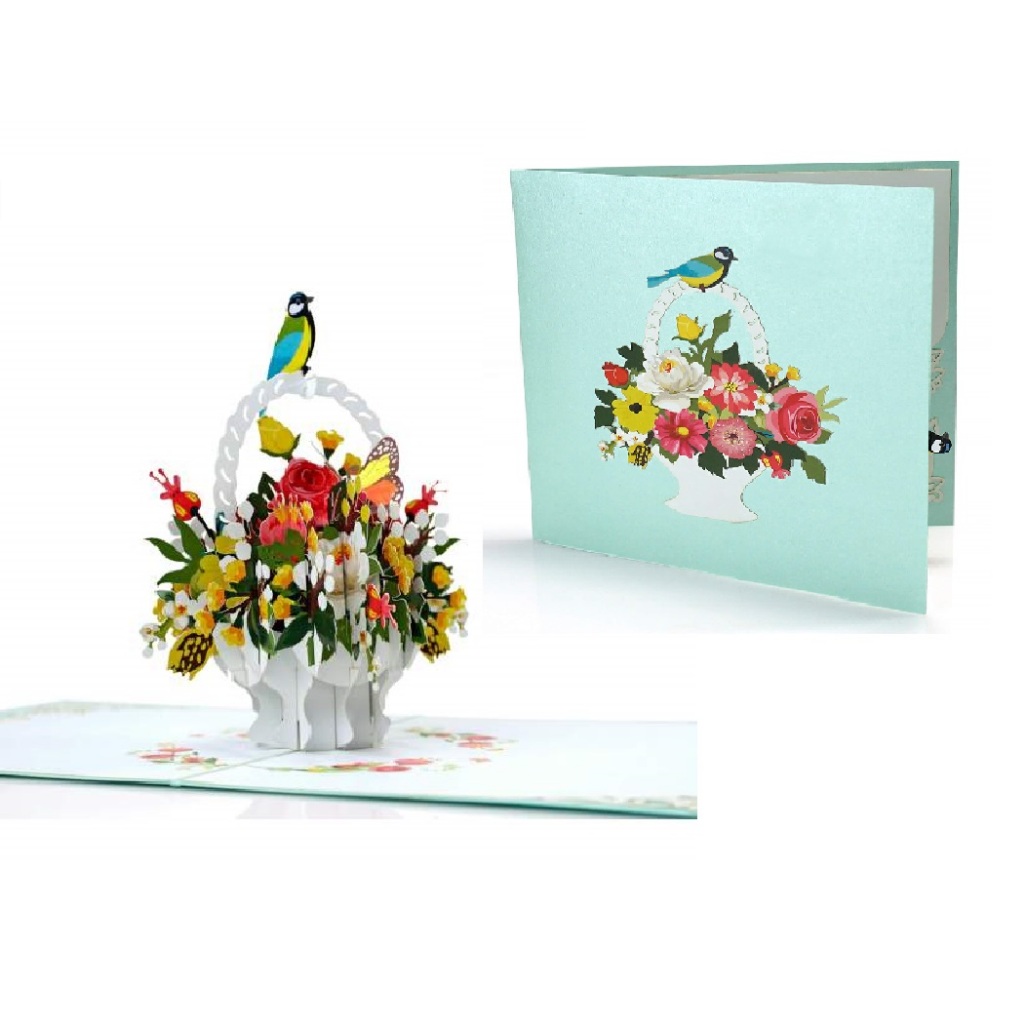 การ์ดตะกร้าดอกไม้ 3D F18 & Birds – การ์ดป๊อปอัพแฮนด์เมดที่สวยงาม (F18)