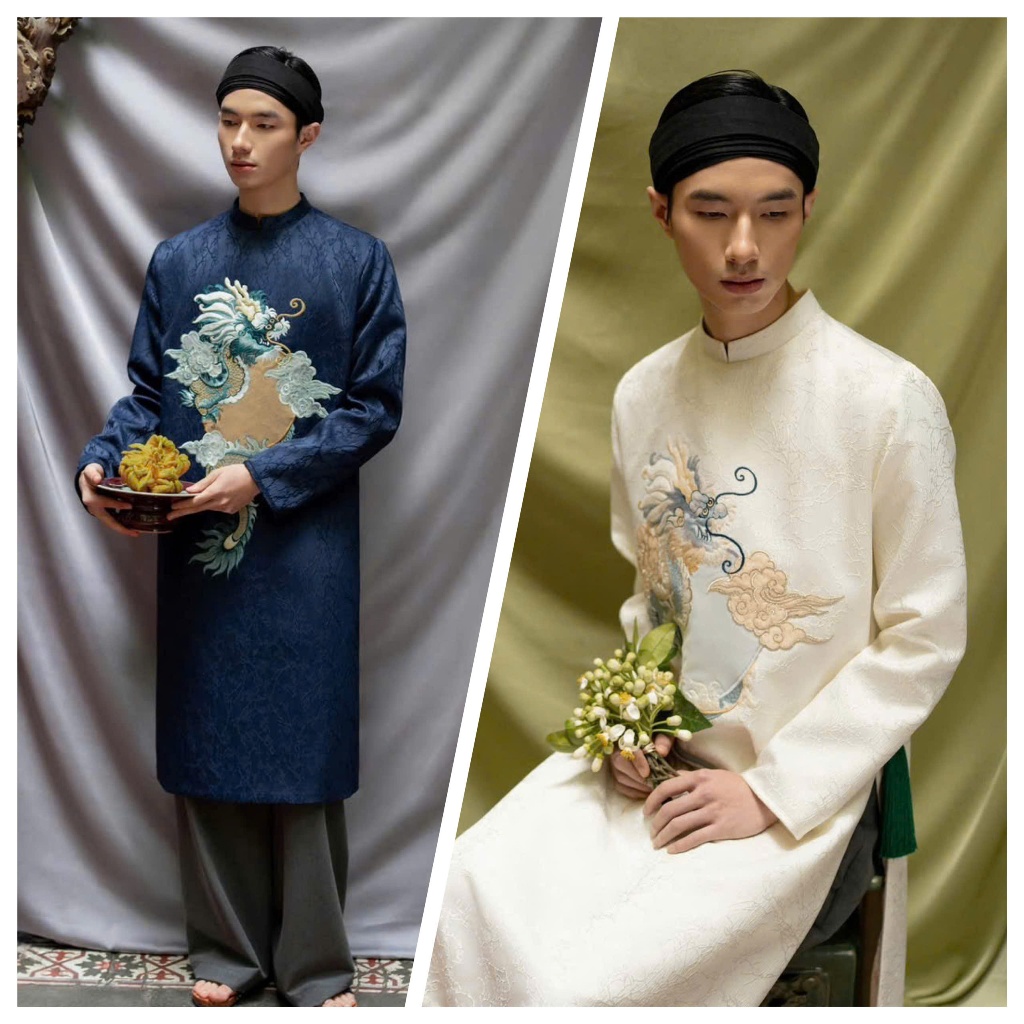 ผู้ชายสมัยใหม่ ao dai ผู้ชายคุณภาพสูง ao dai วัสดุโบรเคดปักมังกรคุณภาพสูง - 2 สี - mother&baby moc Diep - ND25.704