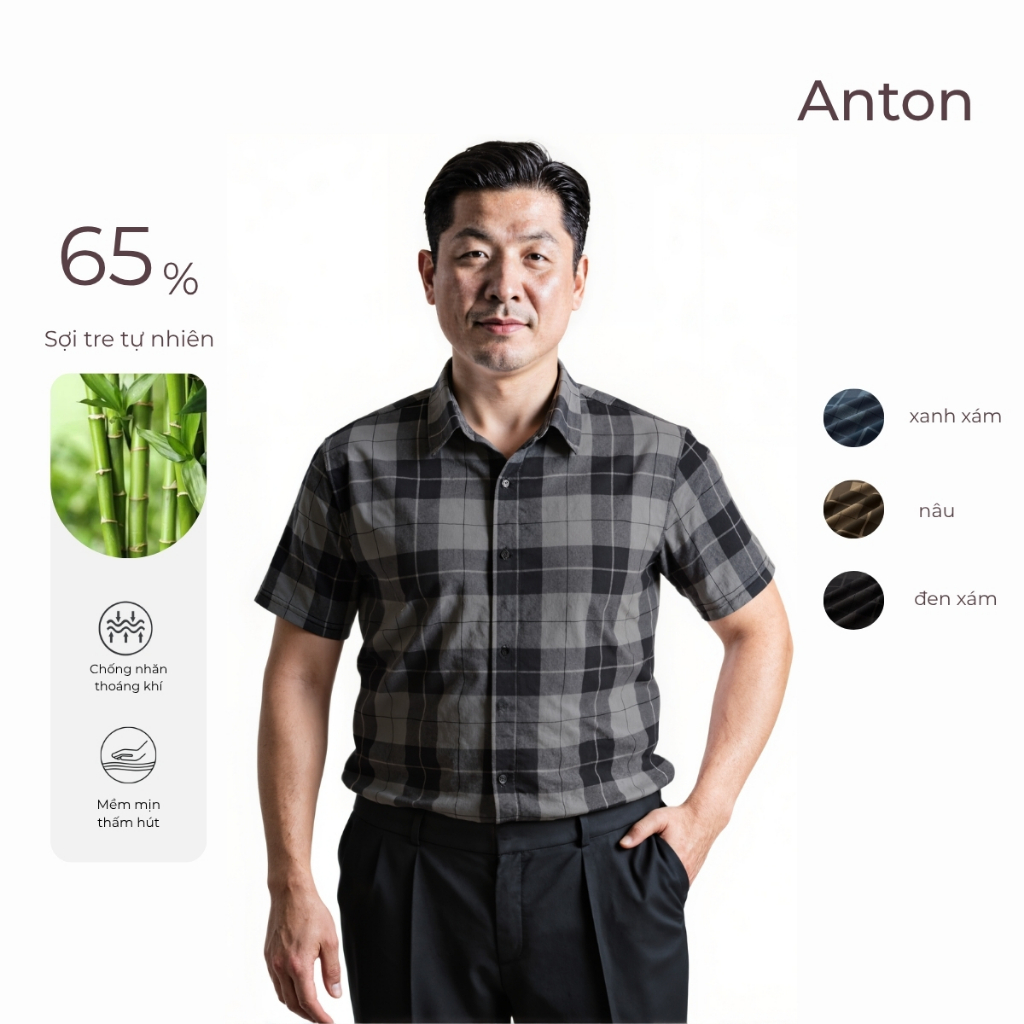 Anton Somianton Middle-Aged Mens Office Shirt สีดําแขนสั้นเส้นใยไม้ไผ่ลายตารางหมากรุกดูดซับเหงื่อ - 