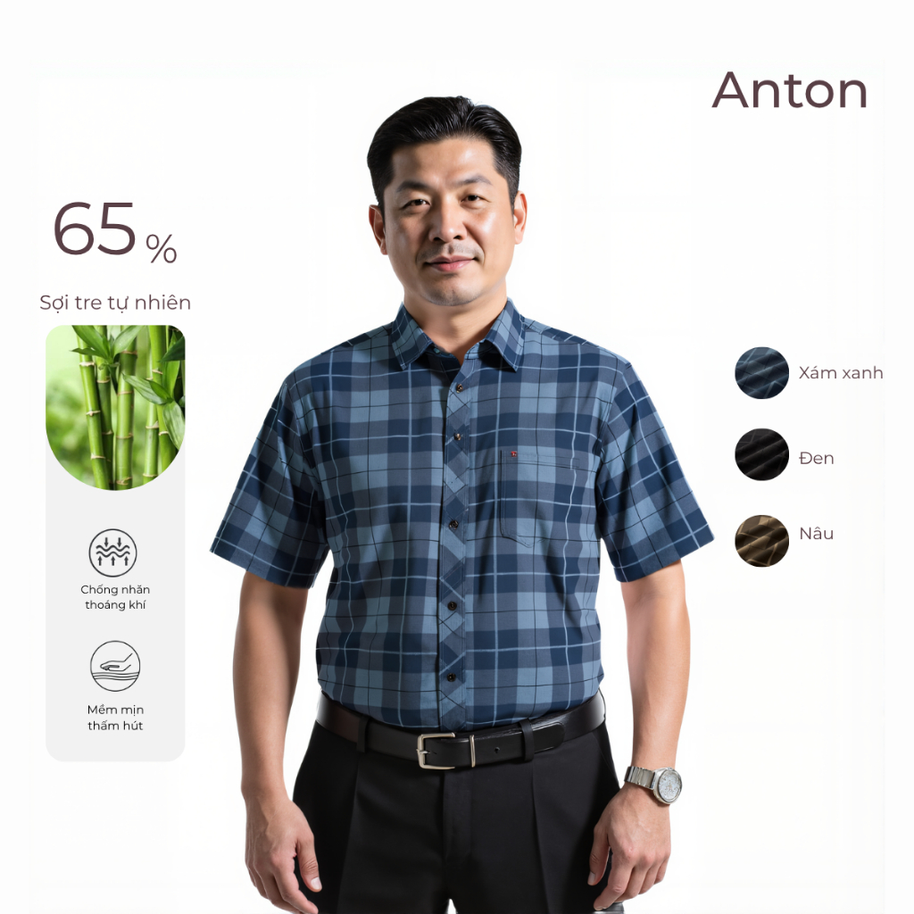 Anton Somianton เสื้อสํานักงานผู้ชายวัยกลางคนสีเขียวเข้มแขนสั้นลายสก๊อตเส้นใยไม้ไผ่ดูดซับเหงื่อ - ZN