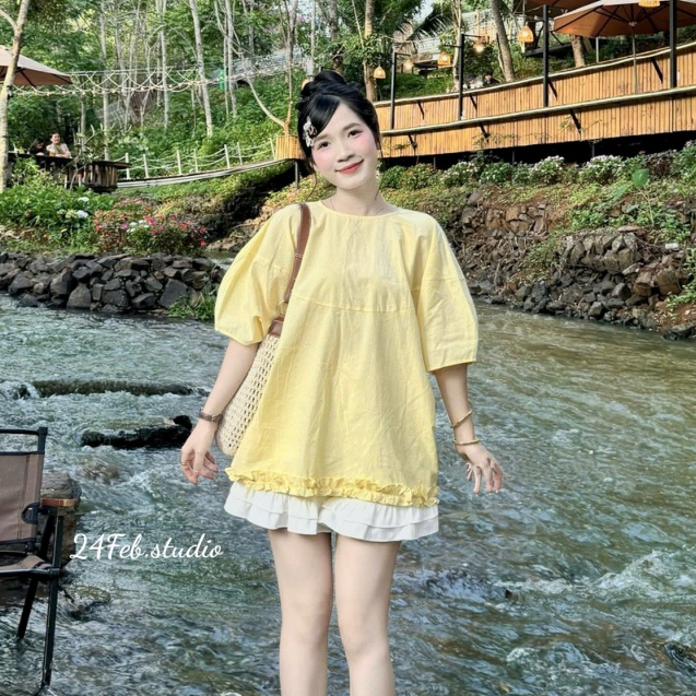 ชุดเสื้อคอกลมหยาบแขนพองและกางเกงขาสั้นระบาย สไตล์มินิมอลลิสต์ 24Feb.studio SET77