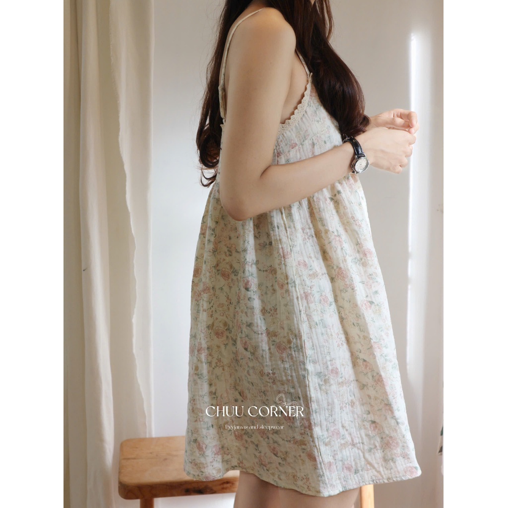 CO0101 (มีจําหน่าย) ชุดนอนสตรีสังเคราะห์ / ชุดอยู่บ้าน Babydoll Muslin ชุดนอนชุดนอนสองชิ้นโทนสั้นสีน