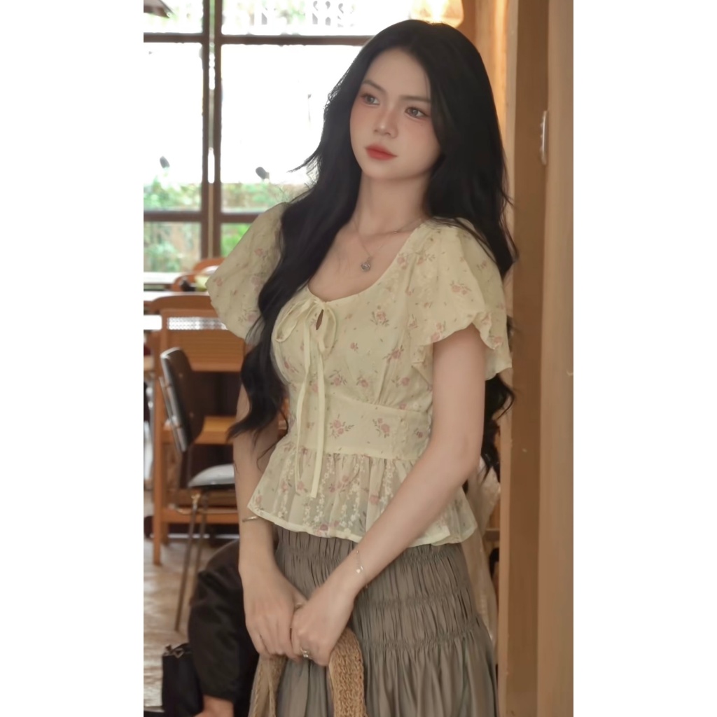 UnihomeClothing CK291 เสื้อลายดอกคอปกโบว์และแขนเอวยางยืด (มีไซส์ใหญ่) UnihomeClothing CK291